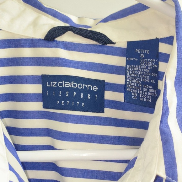 Liz Claiborne 100% Cotton Liz Sport Long Sleeve Blue Striped Women's Blouse - Picture 6 of 7